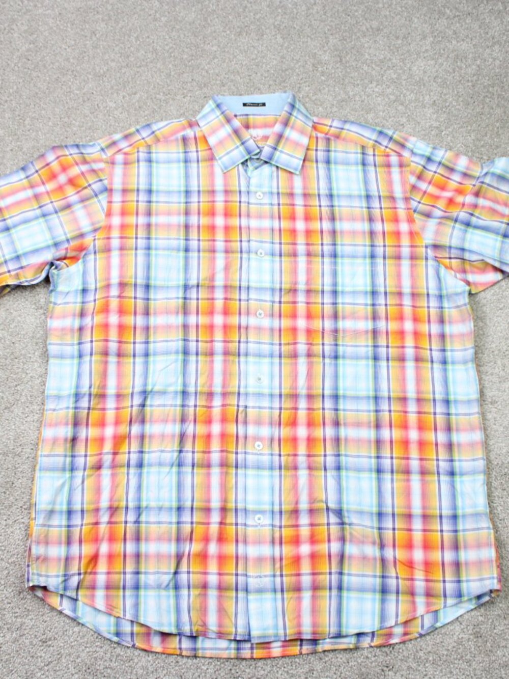 Bugatchi Uomo Shirt Mens XL Orange/Blue Plaid 100% Cotton Short Sleeve Preppy